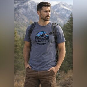 Patagonia Graphic Tee Mens Medium Blue Gray Organic Cotton Slim Fit